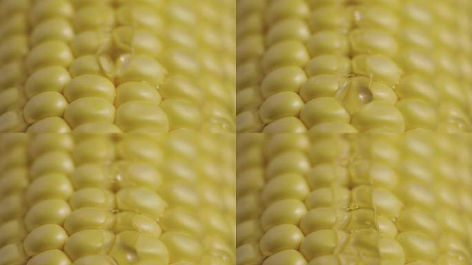 行成熟的黄色玉米粒的宏观拍摄，厚厚的粘稠蜂蜜或油的细流沿其流动。甜美的花蜜包裹着新鲜玉米的金色棒子。