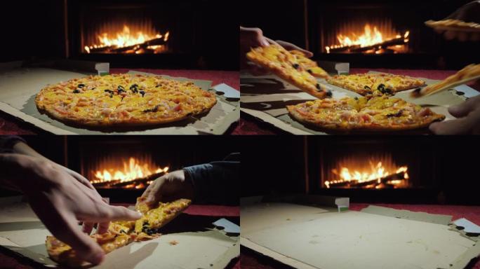 一群人一块一块地吃美味的披萨，在壁炉旁吃晚餐