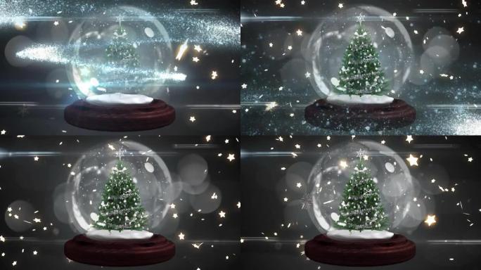 雪球中装饰圣诞树的动画，带有发光的星星和灯光，黑色