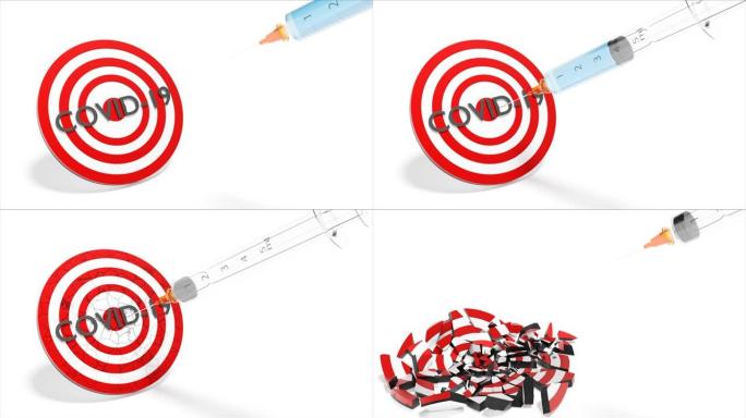 带有疫苗的注射器击中目标并摧毁冠状病毒。3D视频。