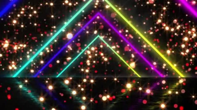 彩色霓虹灯三角形的数字动画，对抗黑色背景上的红色光点