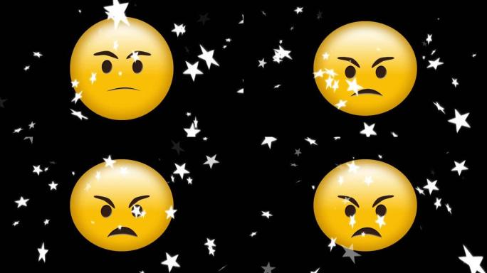 多个星星的数字动画图标落在黑色背景下的愤怒的表情符号上