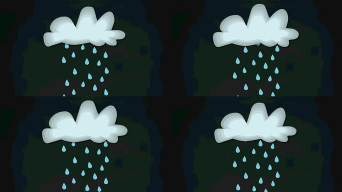 深灰色背景上从浅灰色云中落下的蓝色雨滴动画