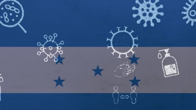 洪都拉斯国旗上的covid 19病毒细胞和数字图标的动画