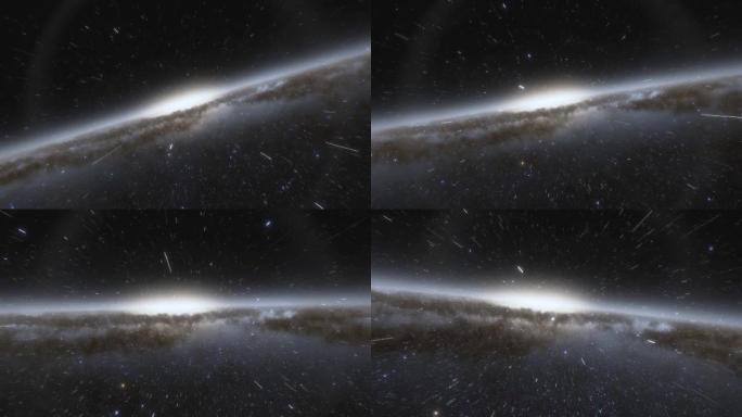 4k动画。宇宙飞船以光速飞过太空中的一个星系。银河系中的数十亿颗恒星。美丽的星星簇