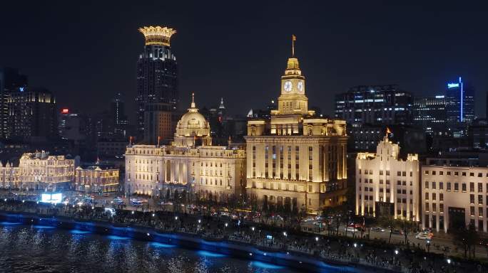 航拍上海外滩夜景-万国建筑群