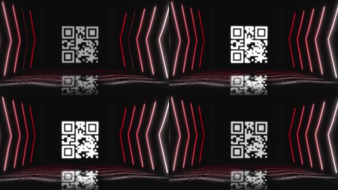 黑色背景上发光红线阴影效果的发光二维码数字动画