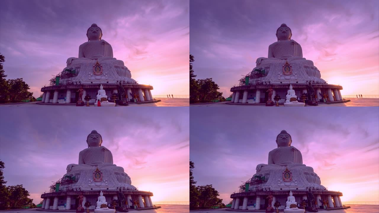 泰国普吉岛大佛纪念碑上的大佛像上的延时日落。用缅甸白玉大理石Suryakanta装饰的钢筋混凝土结构