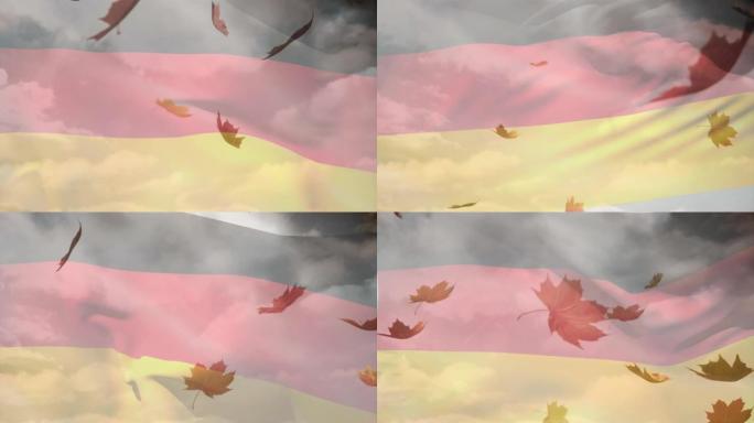 数字构图的德国挥舞的旗帜在秋天的叶子落在天空的云