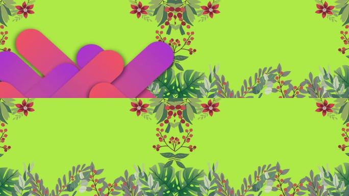 绿色背景上带有复制空间的抽象形状与花卉设计的数字动画