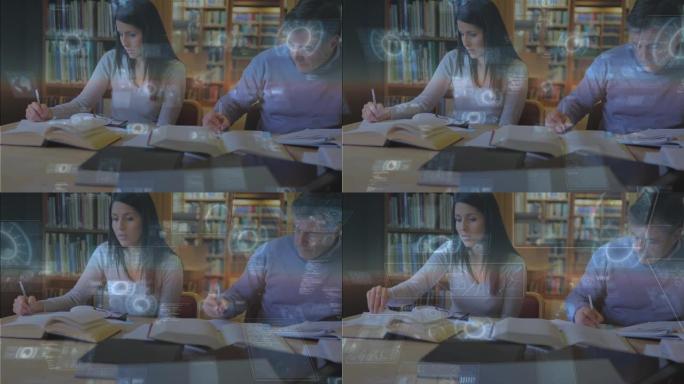 在大学图书馆学习的高加索女学生的圆形扫描仪和数据处理