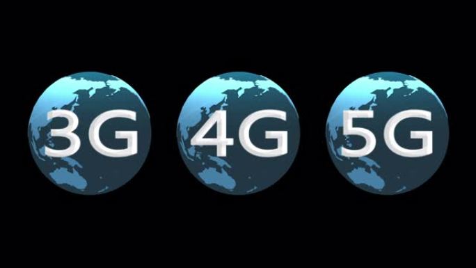 4k 3G，4G，5g符号，带有旋转地球，网络技术背景。