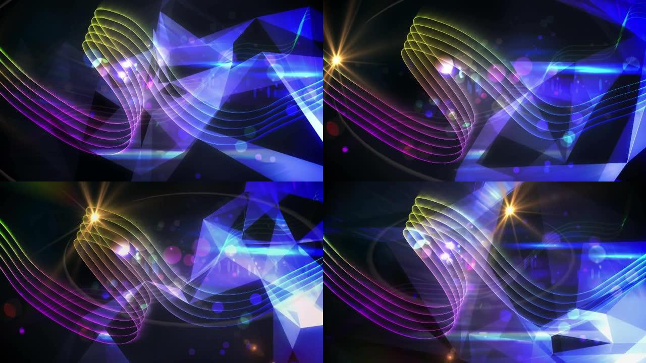 乐谱线条的动画，蓝光在发光的聚光灯上移动