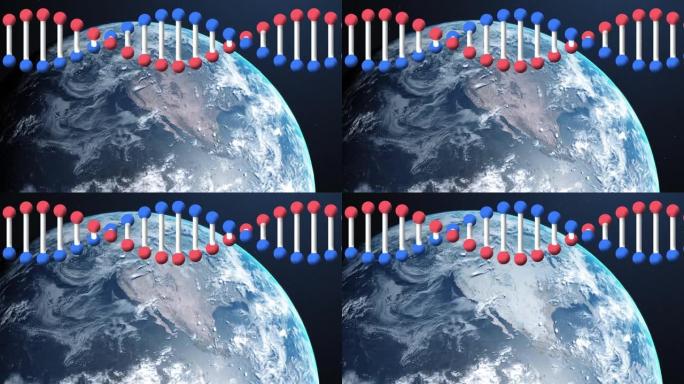 蓝色背景上的Dna结构在地球上旋转