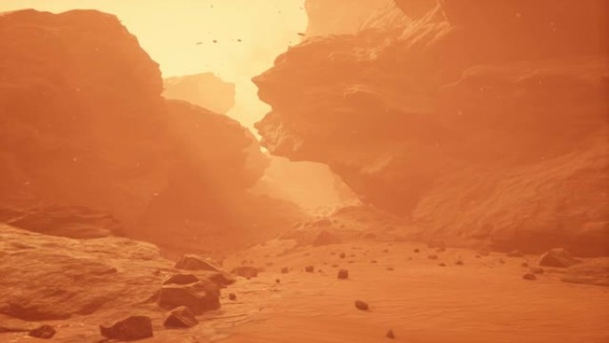 沙尘暴期间的红色星球火星表面。火星殖民和太空旅行概念。该动画是为未来派，科幻或太空旅行而设计的。