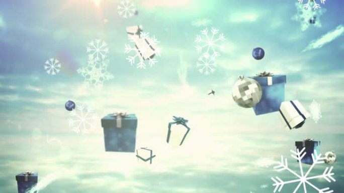天空背景上飘落的白色雪花、礼物和圣诞小玩意的动画