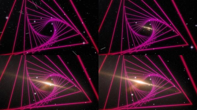 三角形状的数字动画以无缝运动的方式旋转，以对抗太空中闪耀的恒星
