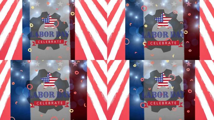 劳动节的动画庆祝美国国旗星条旗上的文字