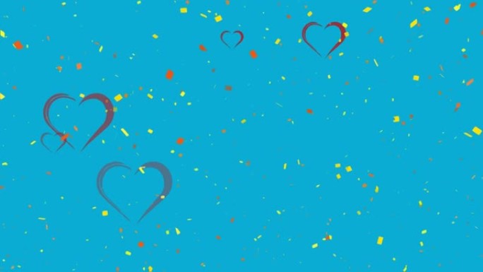 社交媒体心脏图标和五彩纸屑落在蓝色背景上的动画