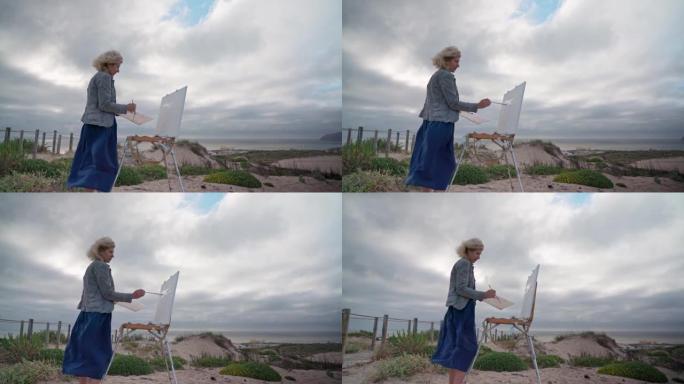 中年欧洲妇女，艺术家，用原始的海景描绘海景。慢动作