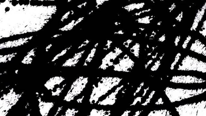 在白色背景上洒黑色油漆。墨水喷雾以抽象线条和图案的形式散布在白色表面上。黑色水彩涂料流。特写。慢动作