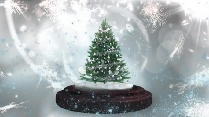 雪球中的圣诞树动画，雪花飘落，灰色发光