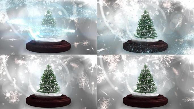 雪球中的圣诞树动画，雪花飘落，灰色发光