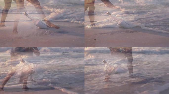 海滩上的瓶子在海上飞溅的海滩上的动画