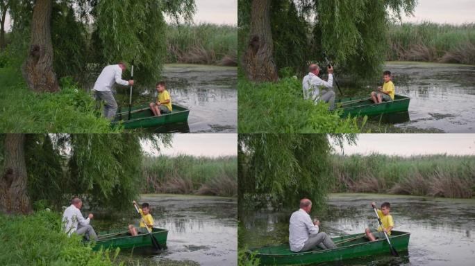一家人要去钓鱼，祖父和孙子在船桨的帮助下上船沿着河航行