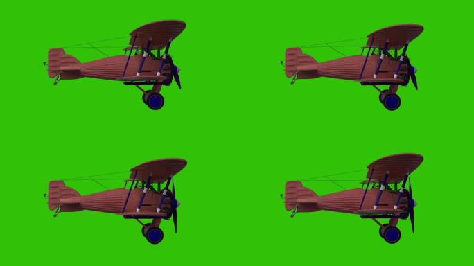 动画螺旋桨飞机。逼真的物理动画。绿屏镜头