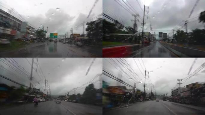 在路上的延时和时间扭曲驾驶。POV汽车前视的雨滴。视频长镜头。
