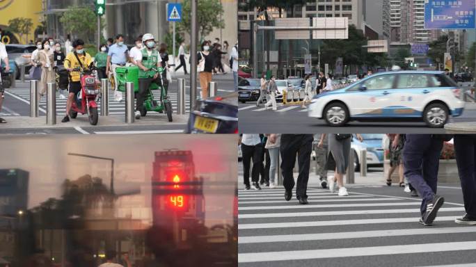 （30组镜头）深圳街道行人等红绿灯外卖员