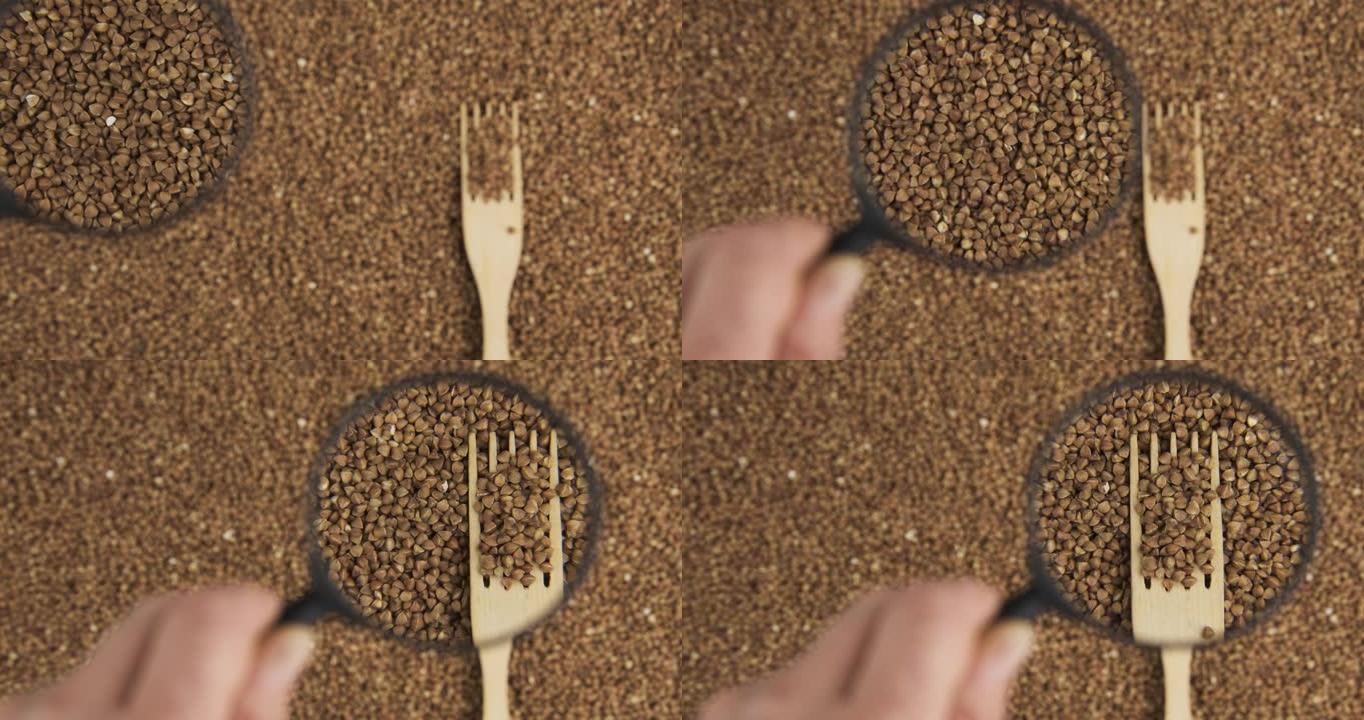 用放大镜放大，用木叉叉荞麦粒。