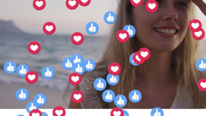 在海滩上的幸福女人上，社交媒体心脏和竖起大拇指图标的动画