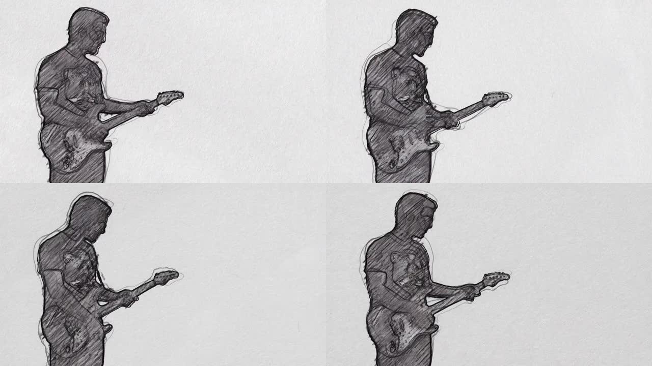 音乐家吉他手在纸上演奏电吉他卡通素描