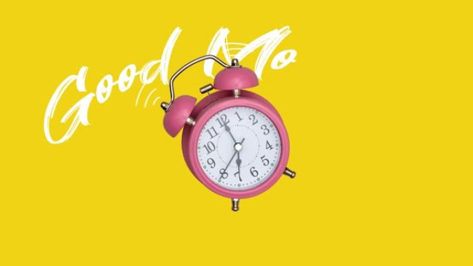 一个有趣的粉红色闹钟跨过黄色背景，响起早上好。