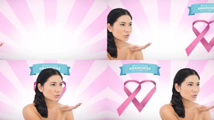 动画粉红丝带标志与乳腺癌的文字超过年轻的女人