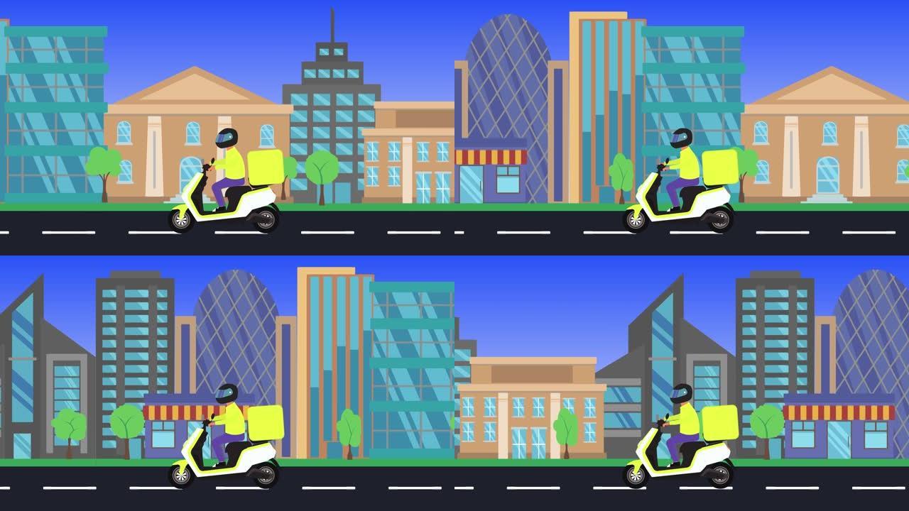 送货摩托车在城市运行，平面设计动画
