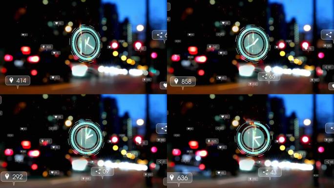 时钟动画，带有网络通知，晚上在bokeh城市路灯上