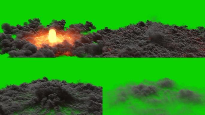 动画燃烧的火焰和烟雾，就像来自火箭或喷气发动机。火箭或类似的燃料燃烧，冒烟。孤立的绿屏背景上的动画。