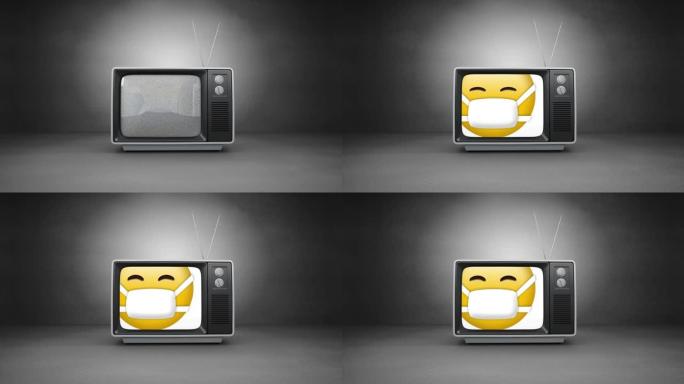 灰色背景下电视屏幕上戴面具表情符号的数字动画