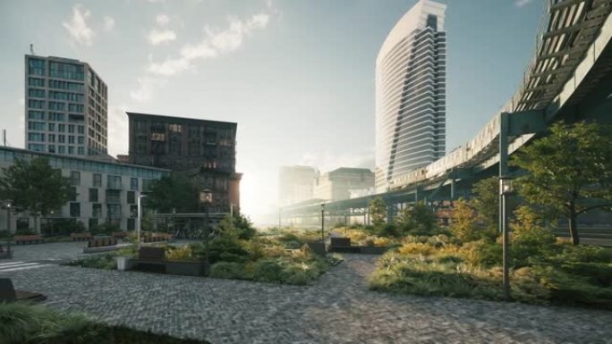 清晨在城市里。这座城市正在醒来