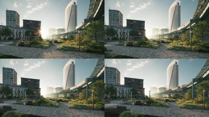 清晨在城市里。这座城市正在醒来