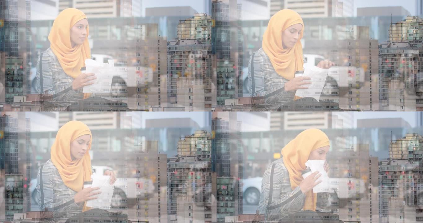 动画的亚洲妇女在希贾布坐和吃的城市风景