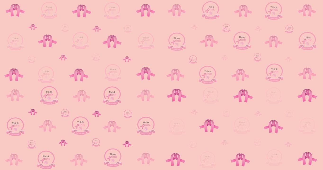 动画的多个粉红色丝带标志和乳腺癌文本发光的粉红色背景