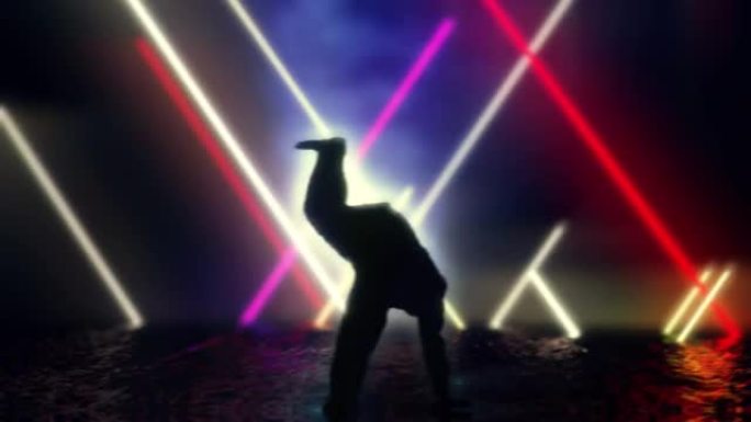 灯光舞台上的3D动画剪影嘻哈舞者