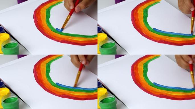 女孩用五彩颜料在纸上画彩虹。用孩子的眼睛画画。检疫，covid 19，待在家里。