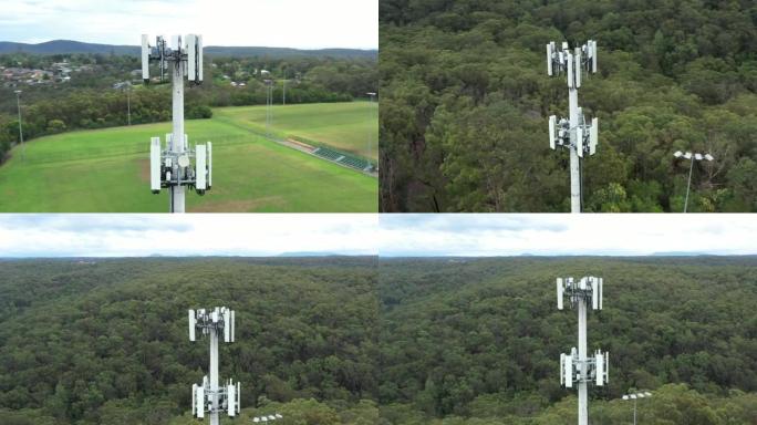 无人机航拍画面围绕电信塔向多个方向飞行
