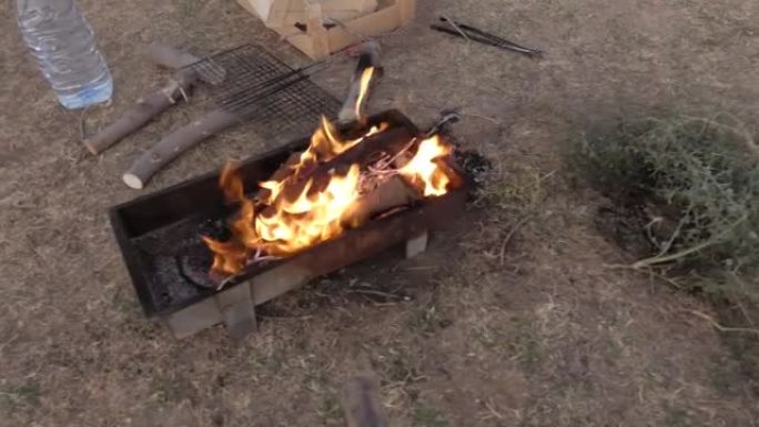木柴在野营的火盆里燃烧着