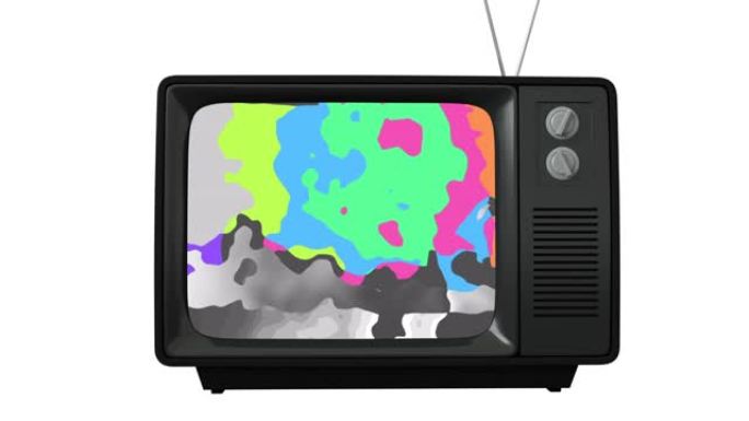 复古电视机的动画，屏幕上有扭曲的彩条，白色背景